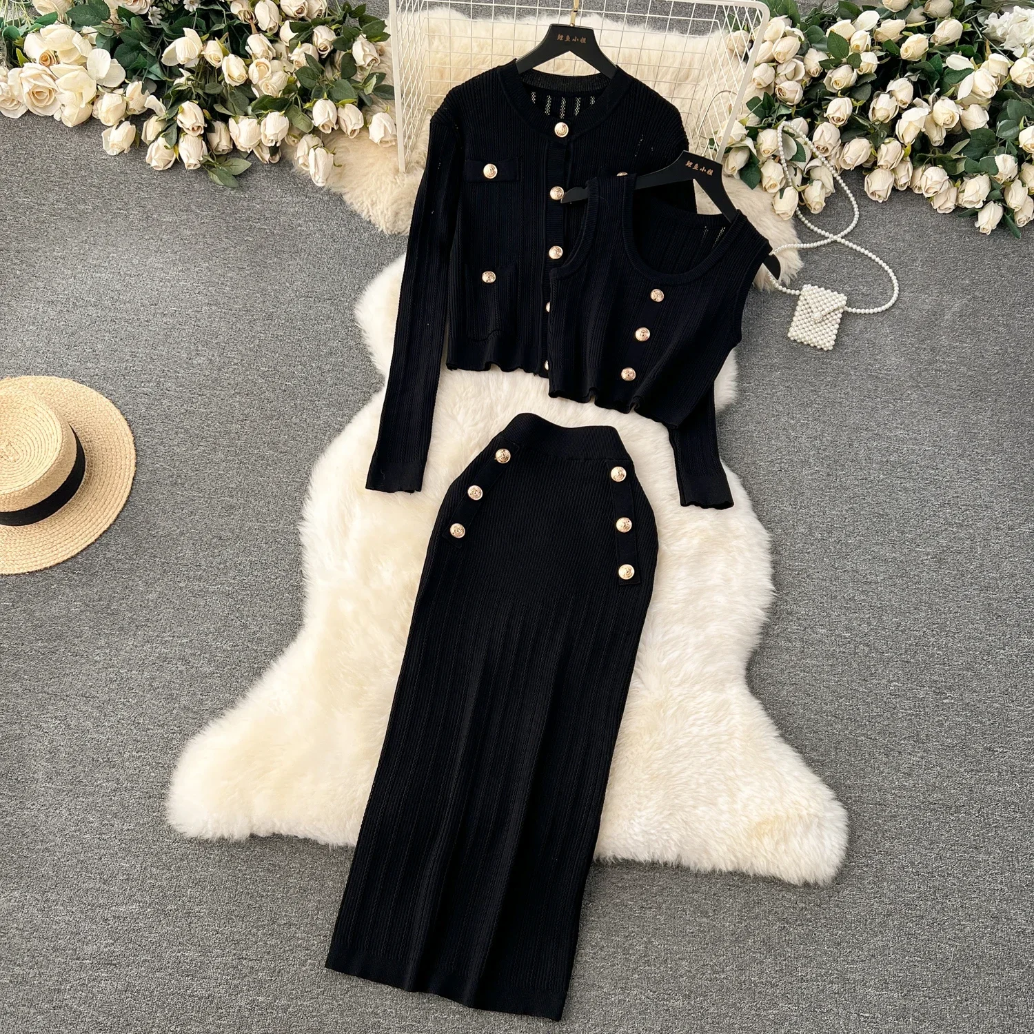 2024 Spring hollow  Knitted Suits Elegant 3 Piece Dress Set Women Outwear  Korea Fashion Sweater Dress Female