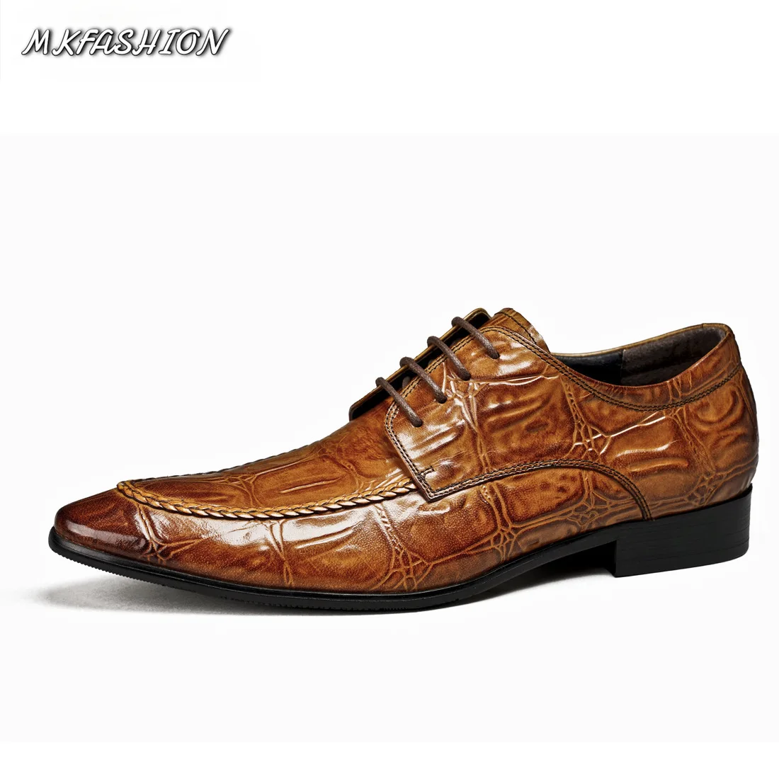 Men's Business Casual Shoes Genuine Leather Crocodile Pattern Pointed Toe Lace Up Flats Footwear