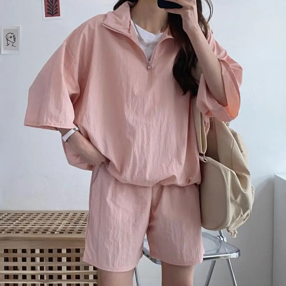 Ladies Summer Suit Stylish Women's Tracksuit Set with Zipper Neck Oversized Top Pockets Casual Two-piece Outfit for Females