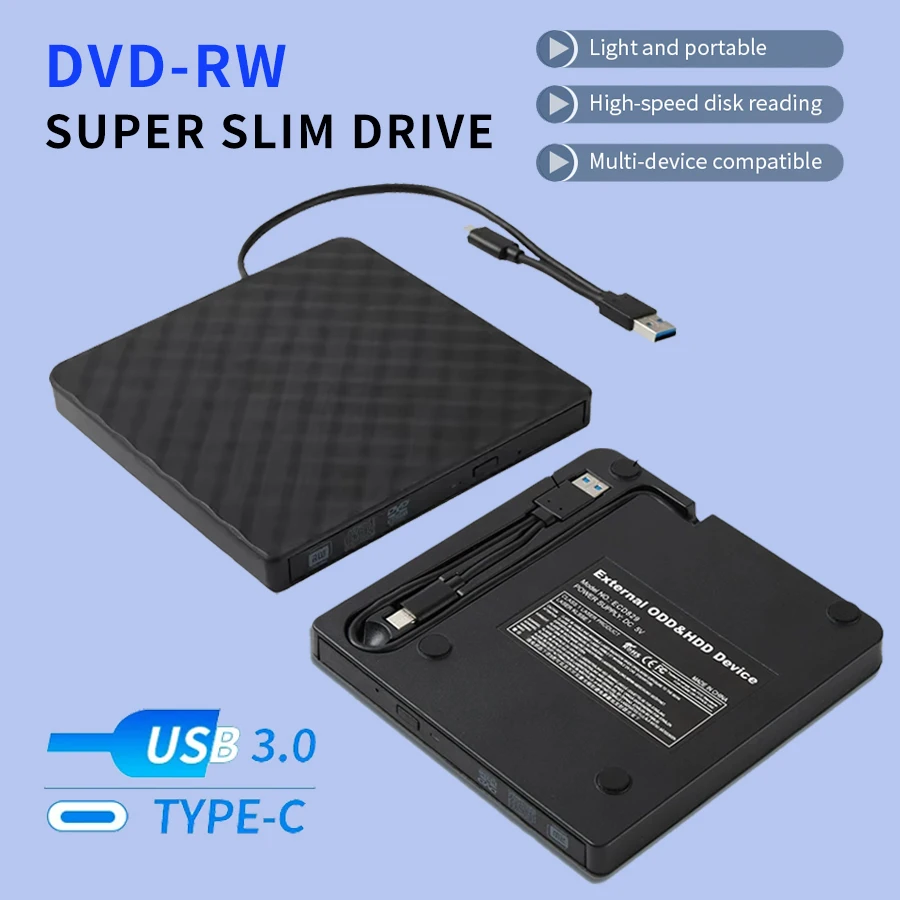 External CD Players DVD Optical Drives USB 3.0 Type C 2-in-1 Slim Protectable CD-RW Drive DVD-ROM Burner for PC Laptop Desktop