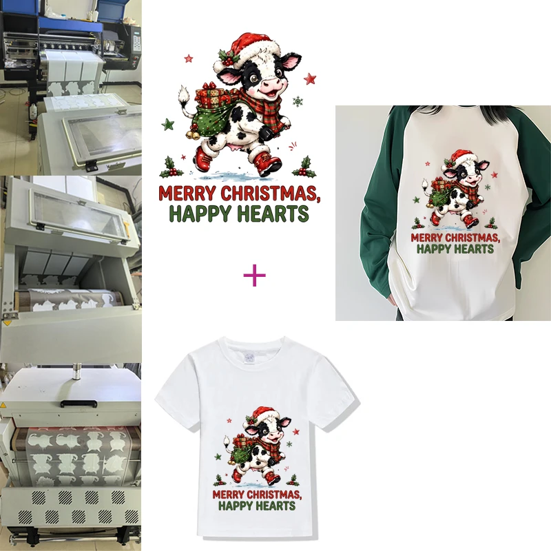 Retro Christmas Highland Cow DIY Iron-On Heat Transfer Sticker Decal T-shirts Sweatshirts Bag Pillowcases Clothing Xmas Decor