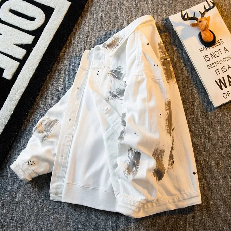 

Autumn and Spring Fashion Trend Printed American Vintage Workwear Denim Jacket Men's Casual Loose Sports High-grade Outerwear