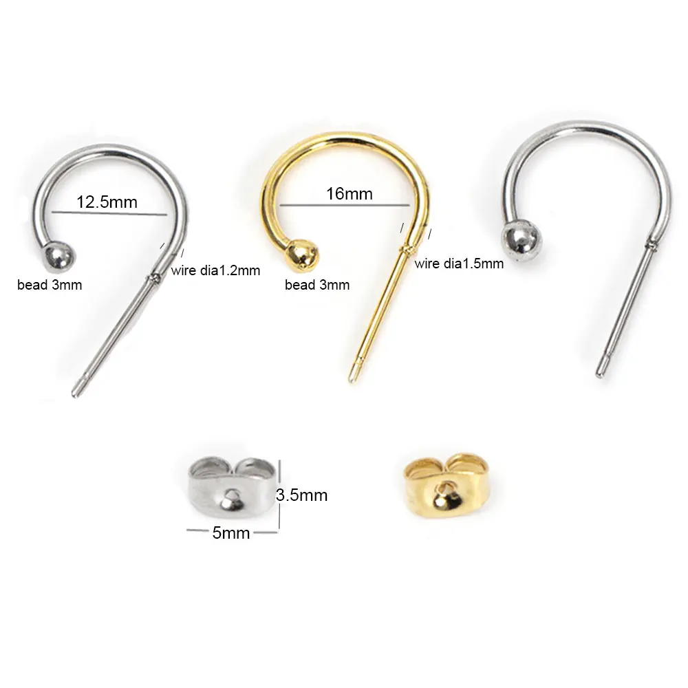 1Pair Stainless Steel Gold Color Open Round Post Circle Half Hoop C Shaped Split Earring Hook for DIY Women Jewelry Components