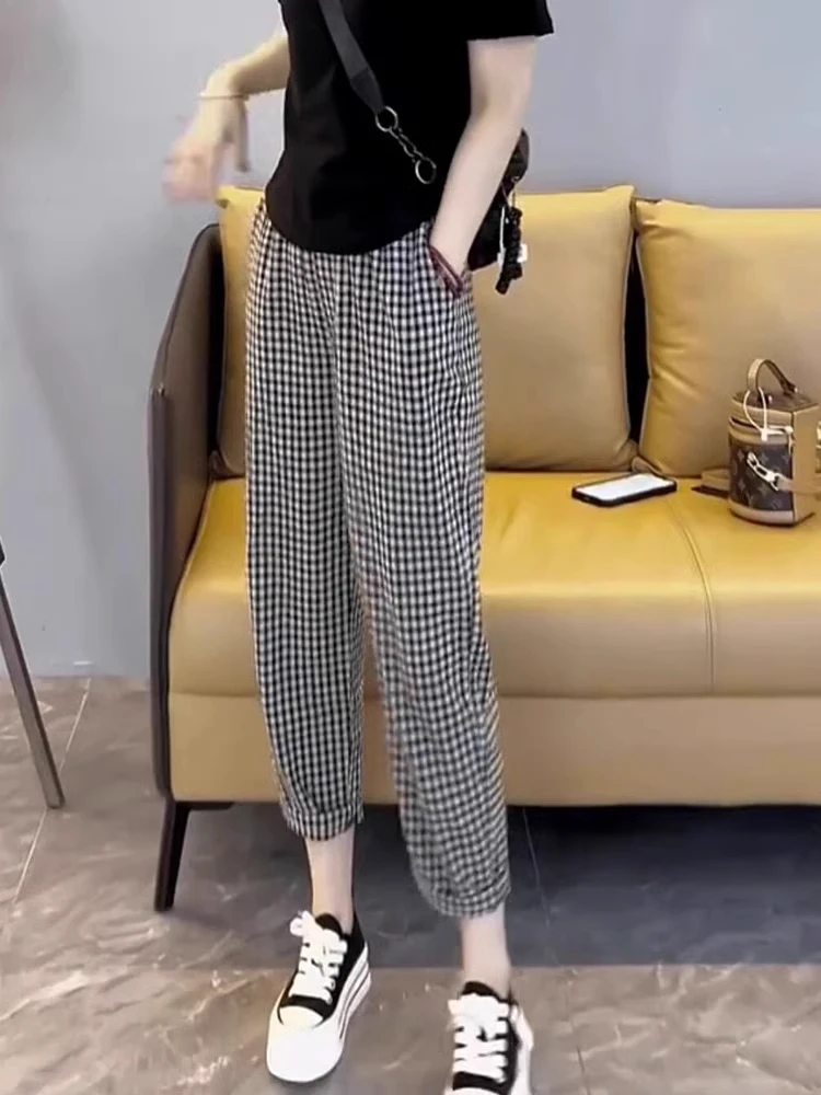 

Fashionable Plaid Pants Women's Miniature Spring Summer New European Goods Loose Slim Harlan Wide Leg Nine Points Casual Pants