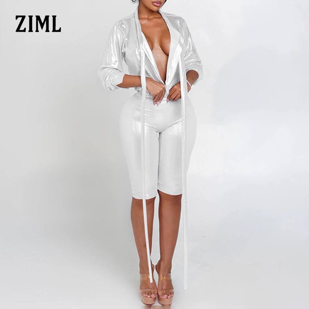 ZIML Solide Abnehmen Zwei Stück Sets für Frauen Tiefem V-ausschnitt Langarm Tops Hohe Taille Fünf Punkt Hosen Chic Minimalistischen Set Weibliche