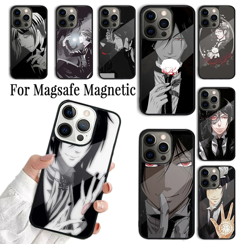 Phone Case For iPhone 16 15 14 13 12 11 Pro Max Plus Magsafe Magnetic Wireless Charging Cover Black Butler Sebastian Michaelis