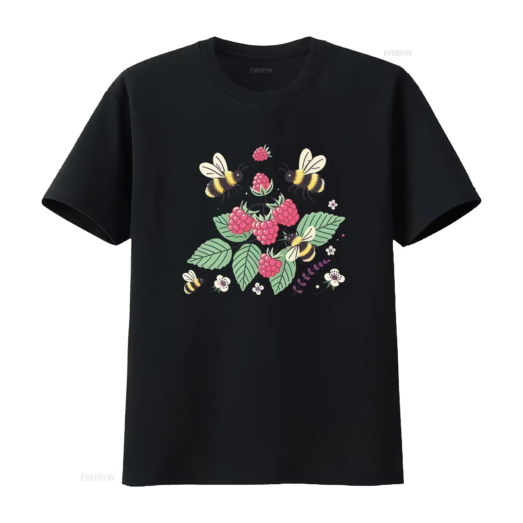 Cute Cartoon Bumblebee Raspberry Wild Floral Nature Print Casual T Shirt vintage Washed Stylish Unisex Stretched Versatile