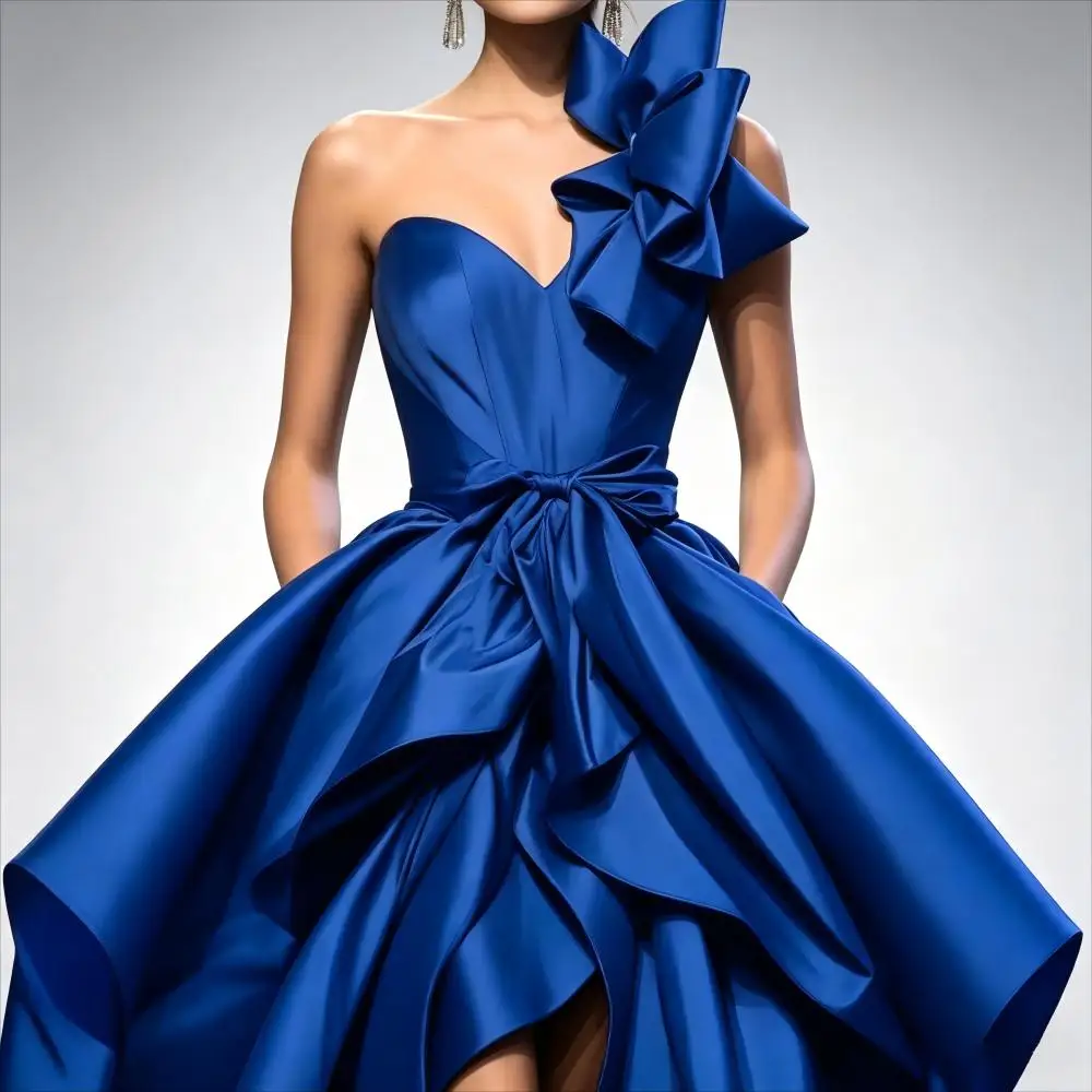 Memorable Royal Blue High Low Evening Dresses One Shoulder Sweep Train Women Prom Gown Formal Party Dress New Design