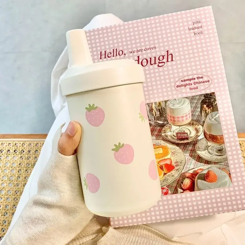 For Girls Outdoor Iced Coffee Drink  Cute Strawberry Insulated Water Bottle Stainless Steel Vacuum Thermos With Straw