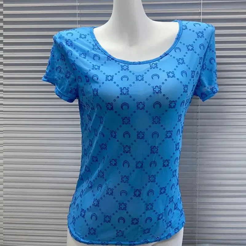 New Fashion Summer Moon Printed T-shirt Women O-neck Short Sleeve Elastic Thin Mesh Vintage Ice Silk See Through Slim Tops