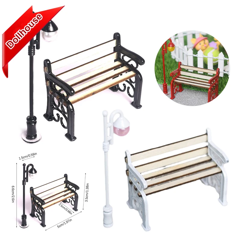 2Pcs/set 1:12 Dollhouse Miniature Wooden Park Bench Street Lamp Suit Fairy Garden Ornaments Outdoor Furniture Model Decor Toys