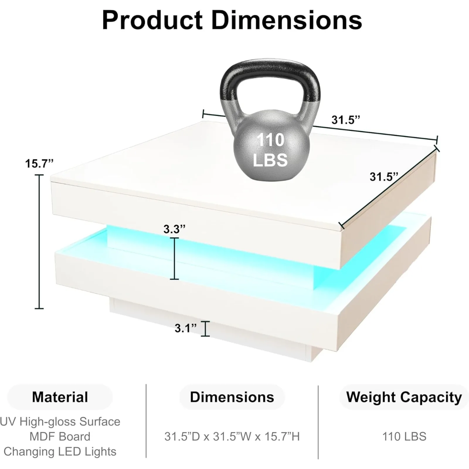 US White LED Coffee Table, 2 Tier Square Coffee Table, High Gloss Coffee Table with 16 Colors LED Lights & Remote Control,Modern