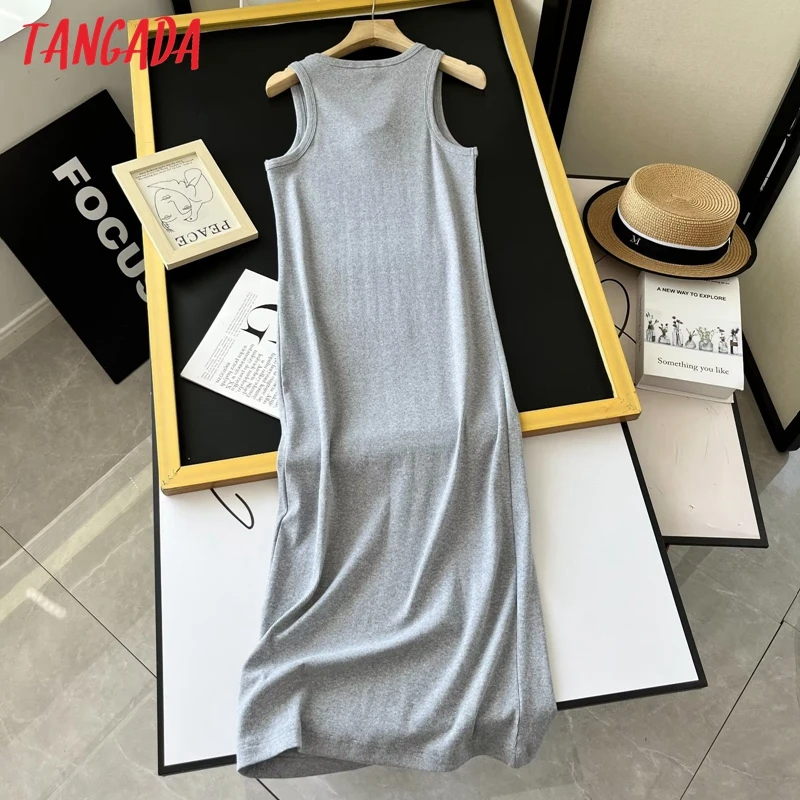 Tangada 2023 Summer Women Solid Cotton Knit Pencil Dress High Quality Elegant Ladies Midi Dress 6D225