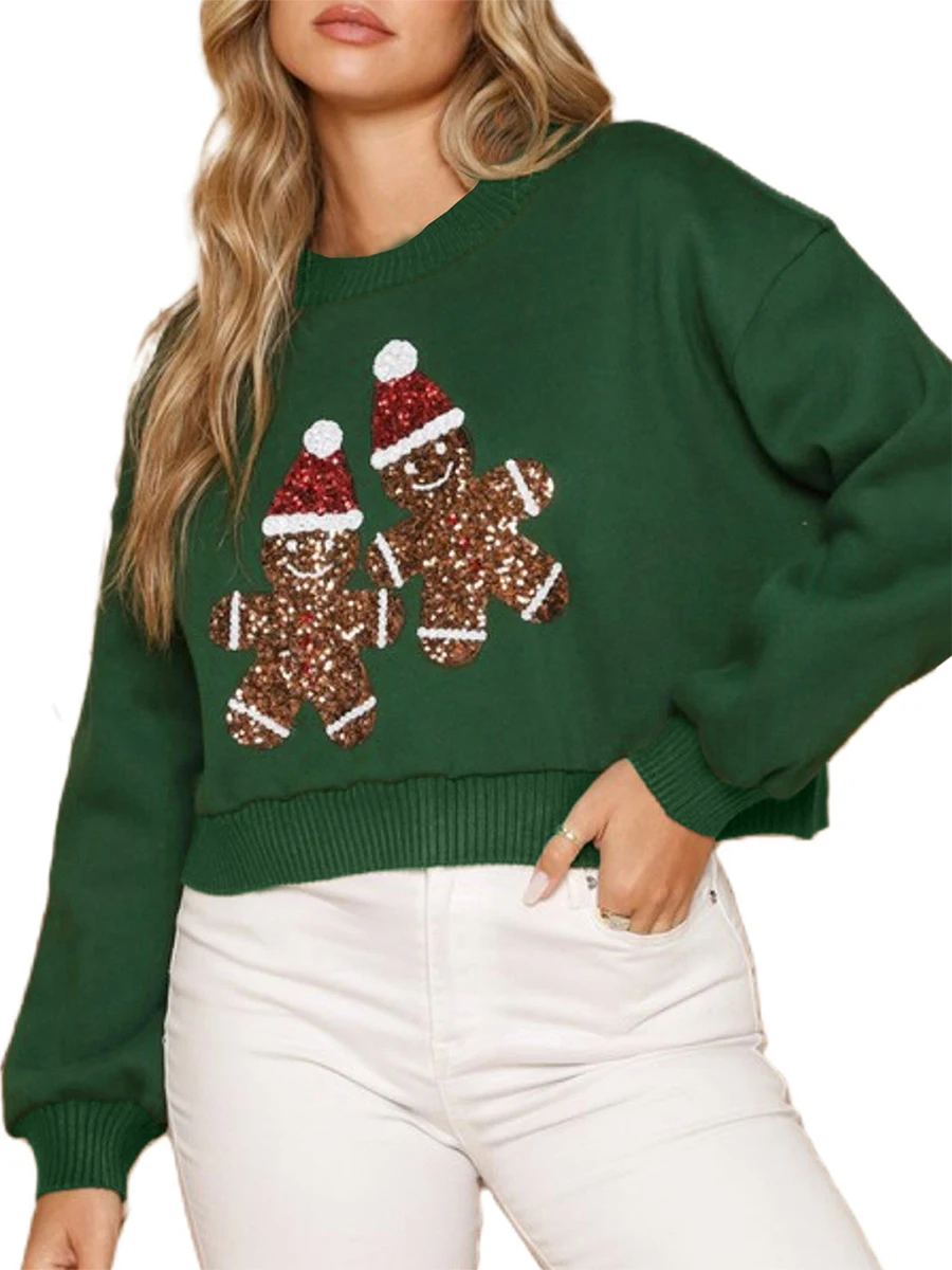 Women s Christmas Loose Sweatshirt Long Sleeve Round Neck Sequins Gingerbread Man Pullover