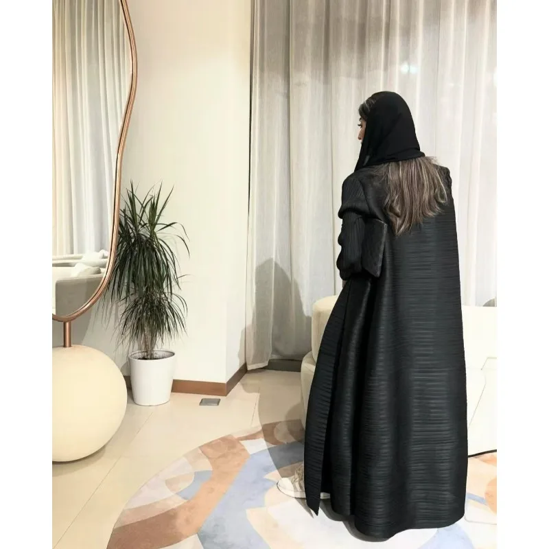 Muslim Abaya Black Simple Commuter Fashion Pleated Loose Long Trench Coat Jacket 2024 Fall New