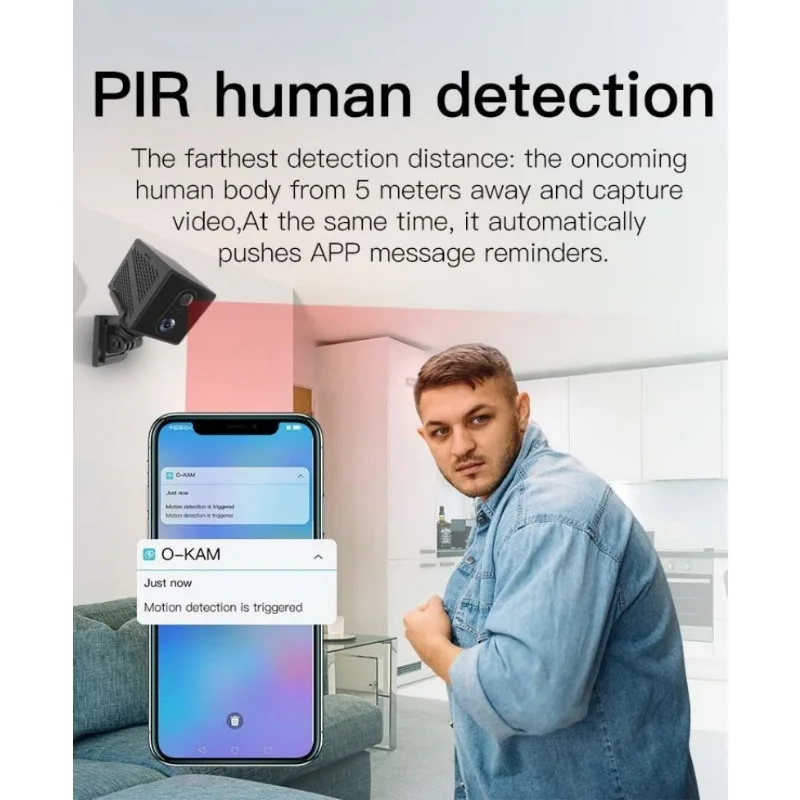 Telecamera di sicurezza Wifi 1296P Okam Batteria da 2000 mAh Cam interna Sensore PIR Telecamera per bambini con visione notturna a colori Mini