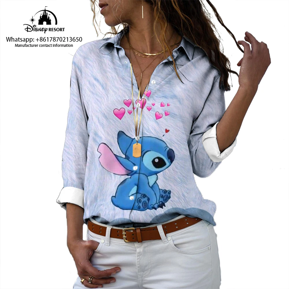 2024 Lilo & Stitch New Harajuku Fashion Lapel Long Sleeve Single Breasted Shirt Mary Cat Anime 3D Print Casual Shirt ins