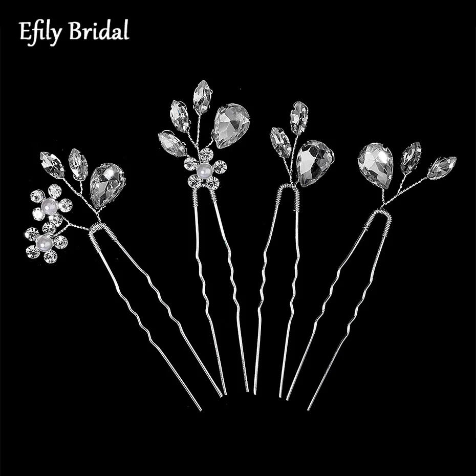 Efily Wedding Hair Accessories 4Pcs/Lot Rhinestone Bridal Hair Pins for Women Pearl Bride Head Jewelry Headpiece Bridesmaid Gift