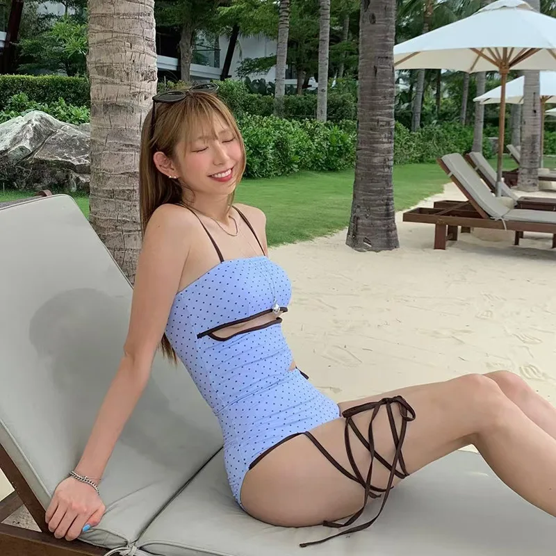 2025-new-korean-sexy-padded-cut-out-one-piece-swimsuit-polka-dot-monokini-bandeau-swimwear-women-swim-bathing-swimming-suit-blue