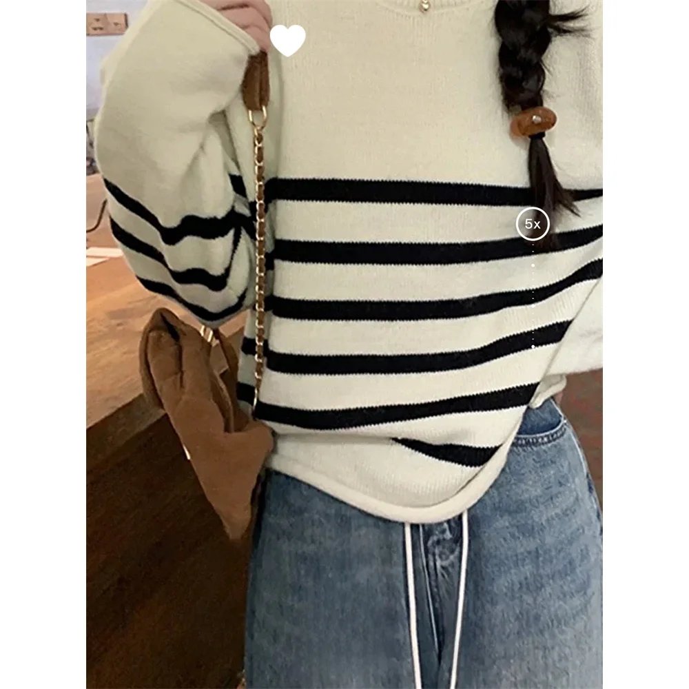 

Новое поступление, свободный вязаный свитер в полоску с дизайнерскими манжетами, теплый повседневный круглый свитер Ne Long Sve, обычный тонкий