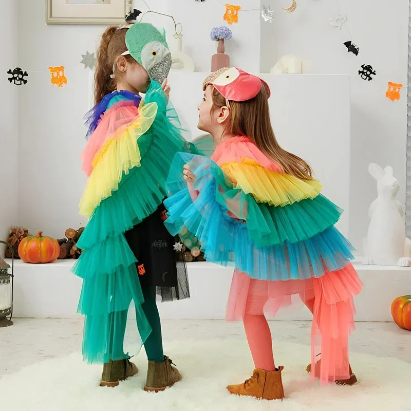 

Kids Halloween Parrot Costume Cape Girls Multicolor Animal Cosplay Outfit Toddler Party Stage Dress Bird Theme Carnival Costume
