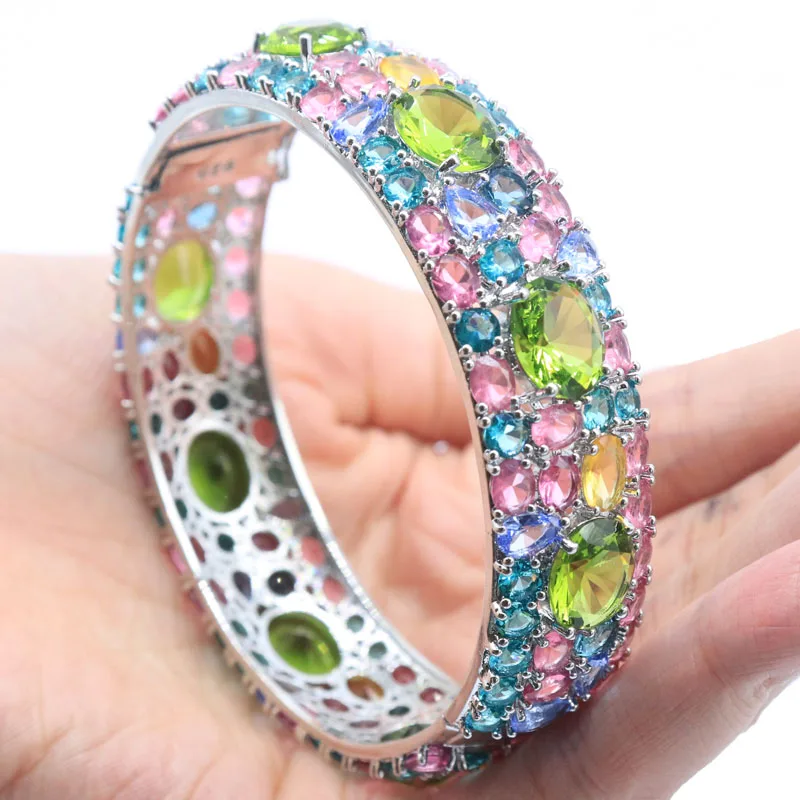 

75x17 мм привлекательный разноцветный 43 г зеленый перидот розовый турмалин иолит женский серебряный браслет для свиданий 7,5 дюймов