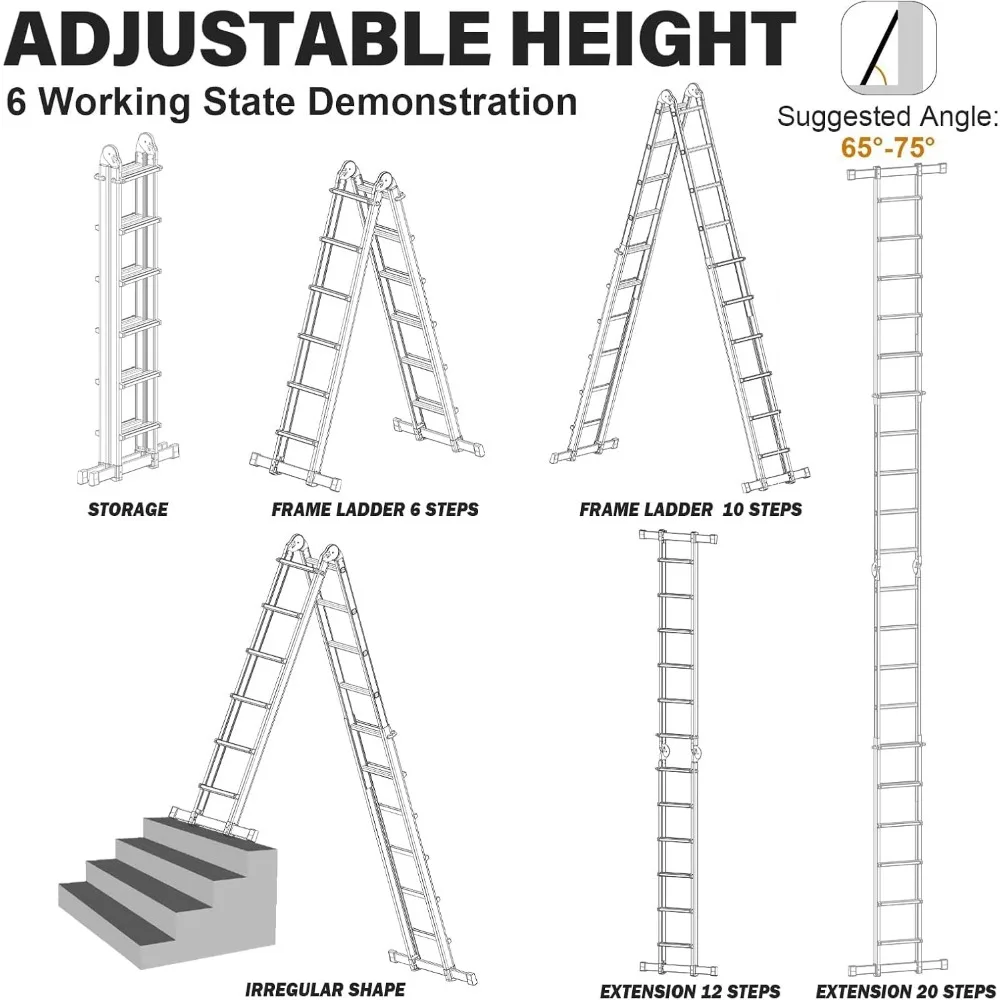 Scala di estensione multiposizione da 22 piedi con vassoio rimovibile e stabilizzatore, capacità di 330 libbre, scala durevole e di lunga durata per la casa