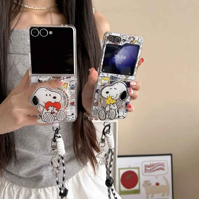 

Luxury Cute line Snoopy friend seat Folding Magsafe Wireless Charge Case For Samsung ZFlip 3 4 5 6 ZFlip7 Funny Magnetic Holder