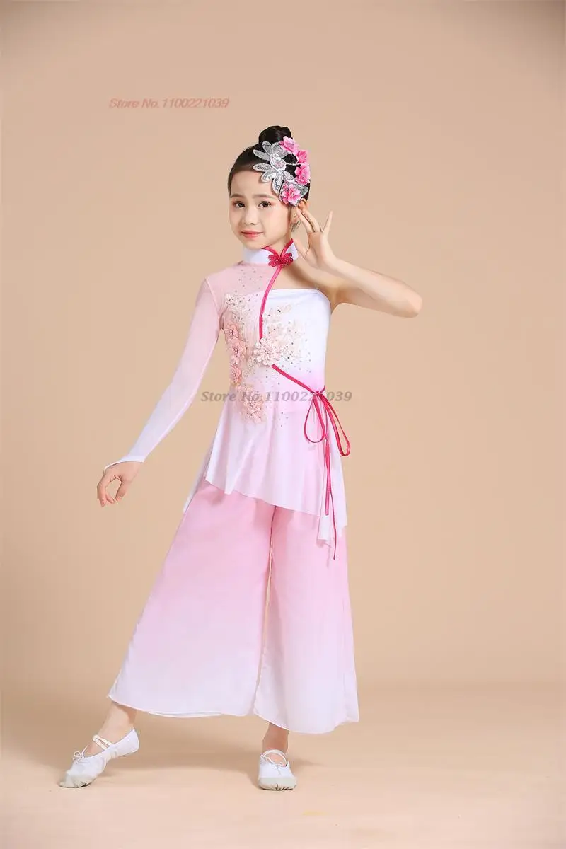 Zestaw ubrań do tańca ludowego dla dzieci w stylu vintage z 2025 roku: tradycyjny strój qipao z siateczki, top + spodnie, ubrania do ćwiczeń i występów scenicznych.