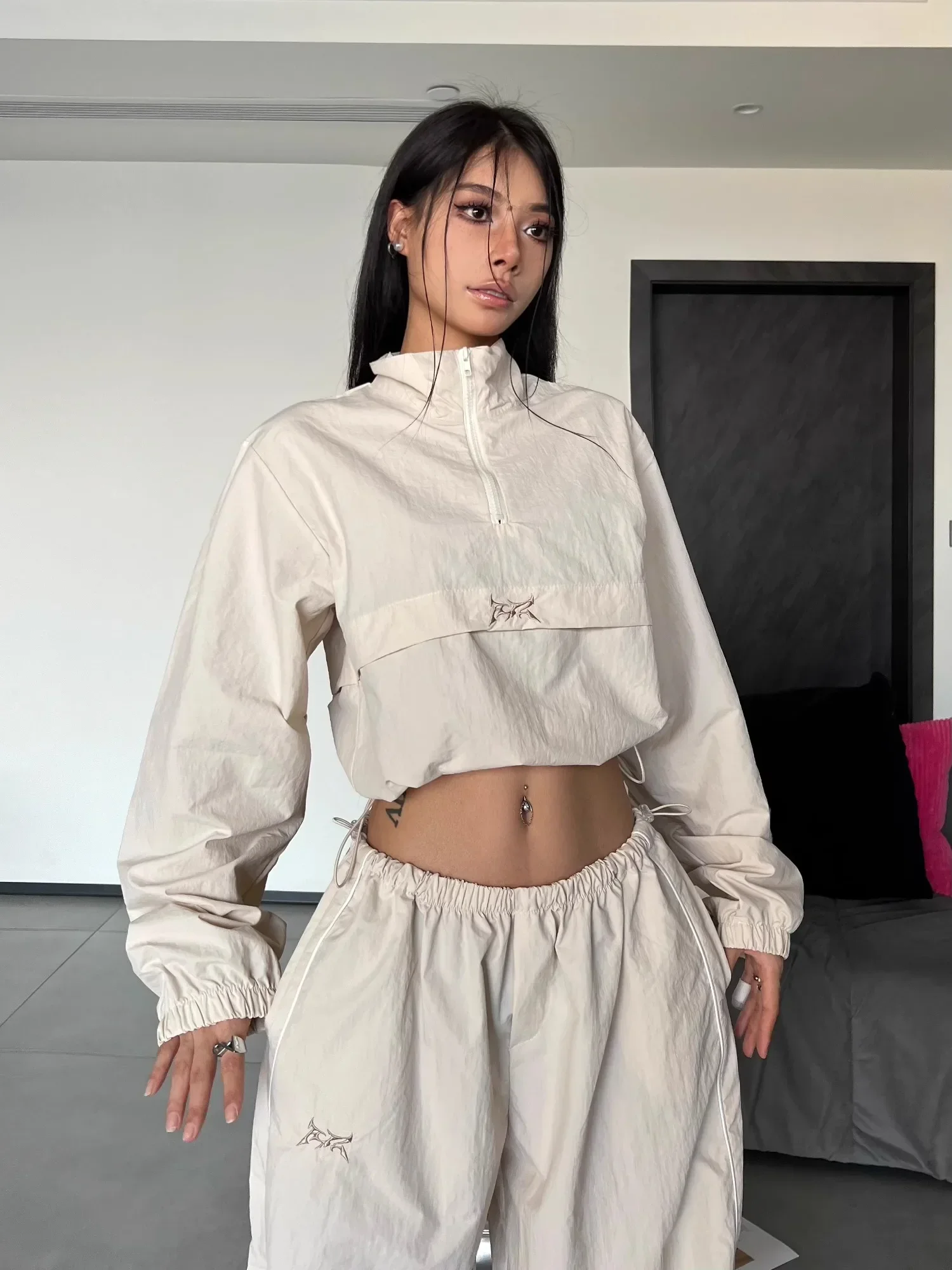 HOUZHOU Y2K Streetwear Khaki Pants Sets Women Gorpcore Vintage 90s Beige Tracksuit Oversized Kpop Fashion Harajuku Two Piece Set