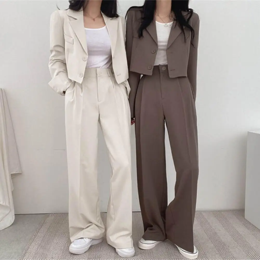 Women Cropped Blazers Pants Two-piece Set Korean Fashion Button Up Suit Jacket Wide Leg Pants Set Casual Lady Blazer Coat Set