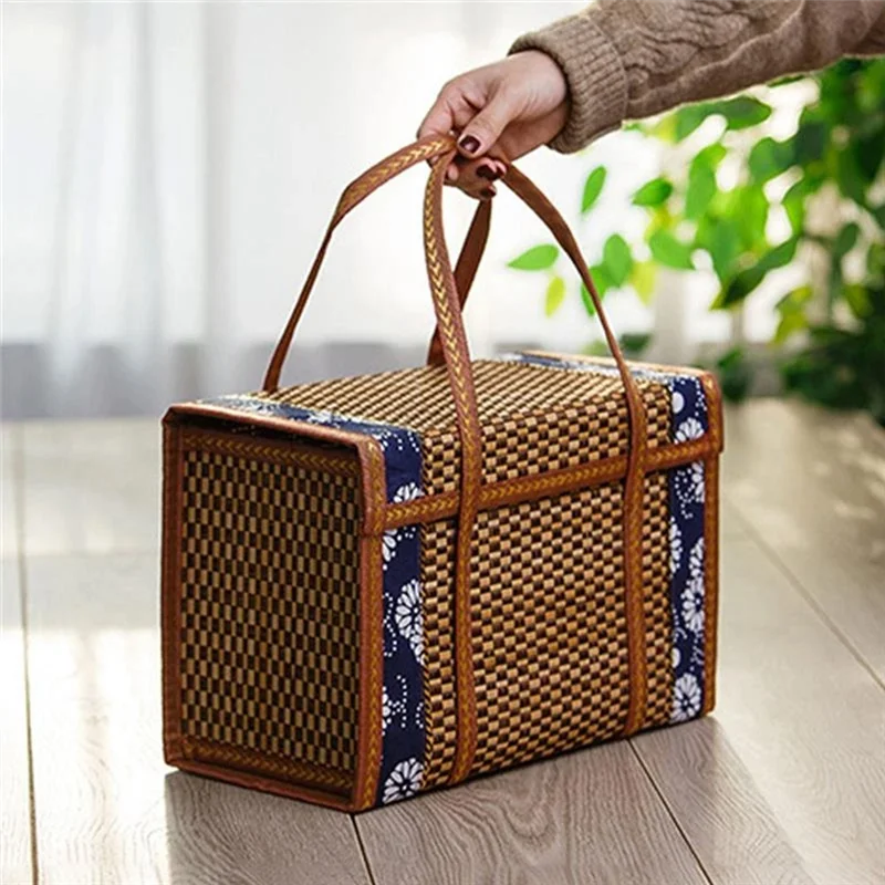 AT77 Picnic Woven Basket Wicker Storage Bag Handle Folded Fruit Shopping Food Handle Rattan Grass Foldable Bamboo Basket