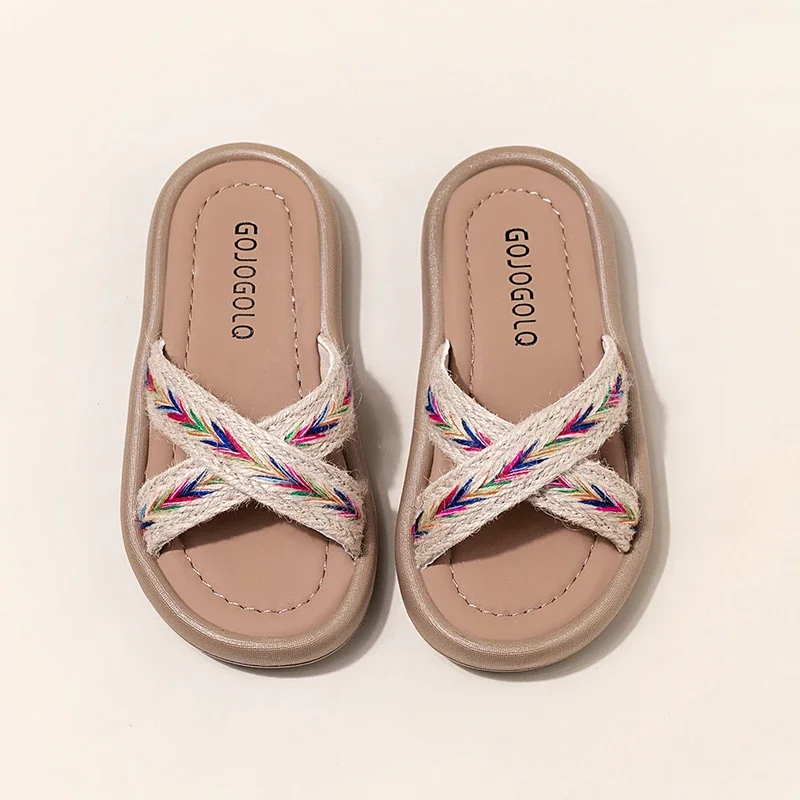 

Girls Sandals Sweet Elegant Kids Beach Shoes Non-slip Soft Sole Retro 2025 Summer New Children Slippers Outdoor Ethnic Style Ins