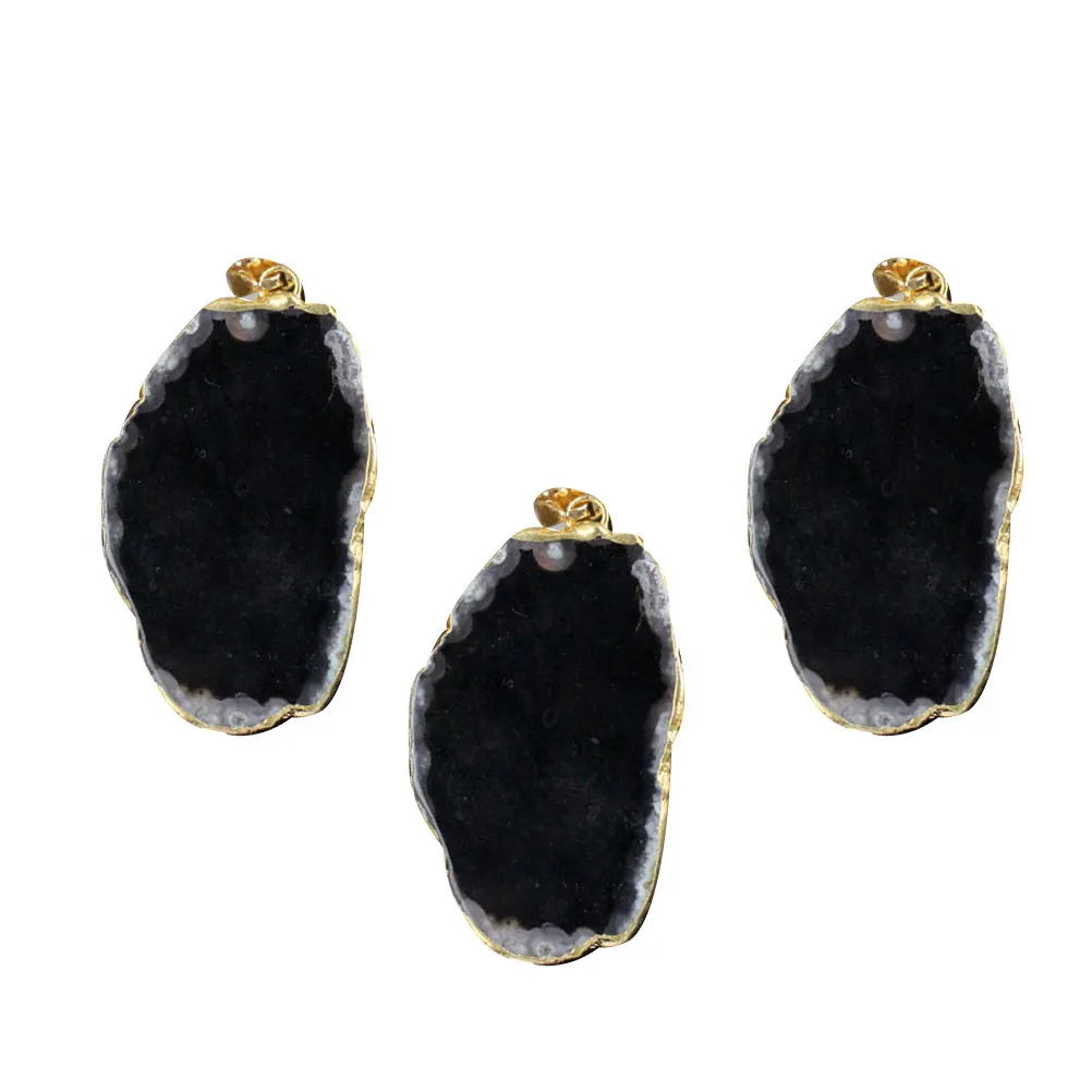 

3 Pcs Agate Stone Pendant Charms Gold Plated Hanging Decorations DIY Necklace Bracelet Earrings Accessories Black Color