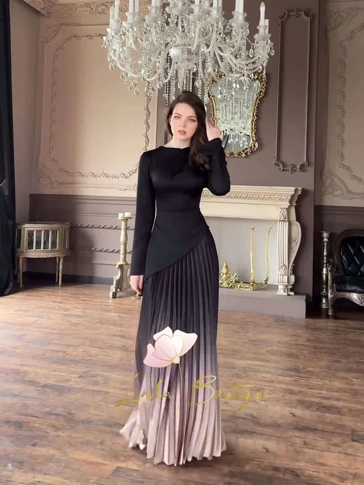 Street Tie-dyed Gradient Pleated Dresses Spring Women O-neck Long Sleeves Dress Autumn High Waist Big Swing Ankle Length Dress