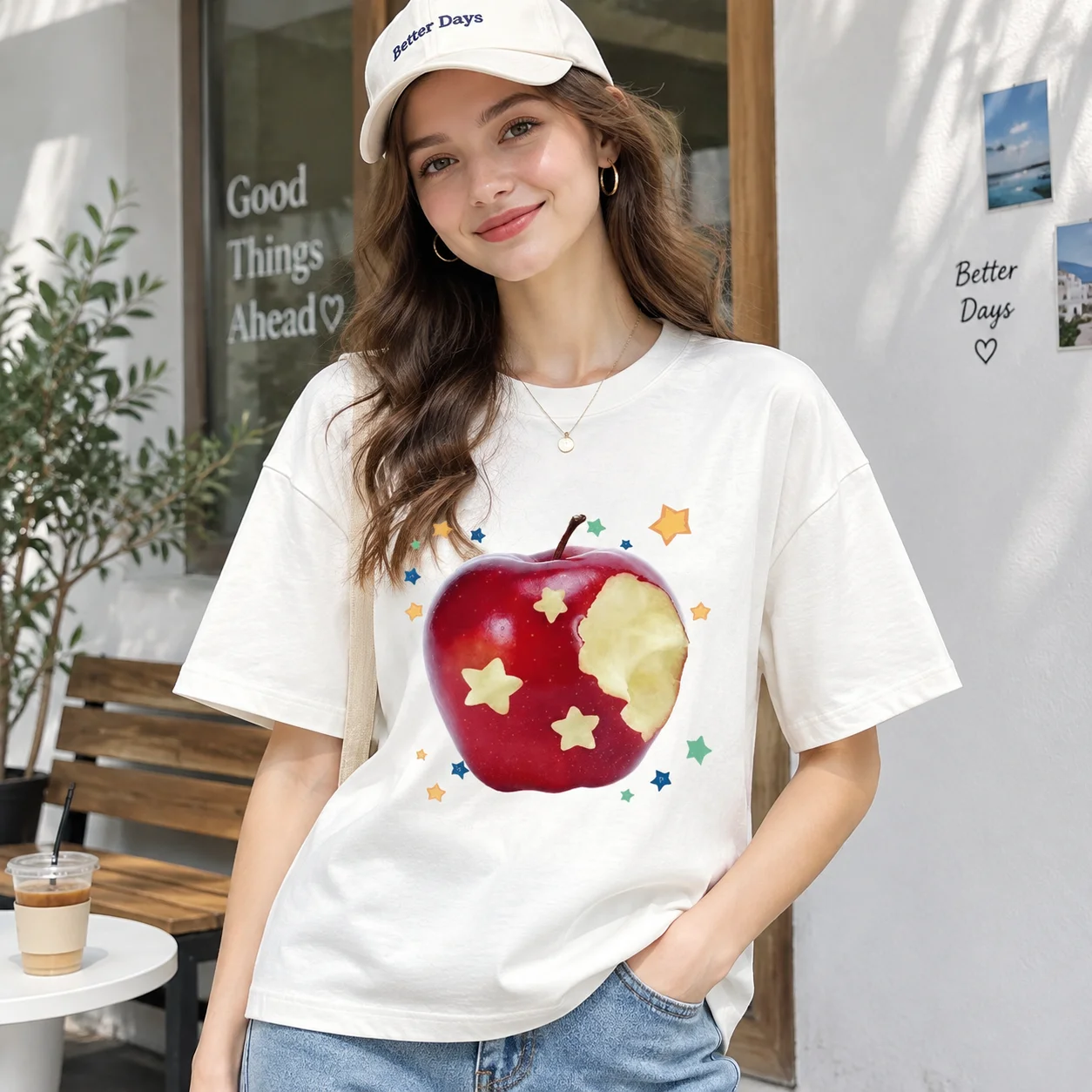 Women's Summer New Short-Sleeve Tops Red Apple and Star Printed Casual Female T-Shirt Top Women Vintage Breathable Clothes