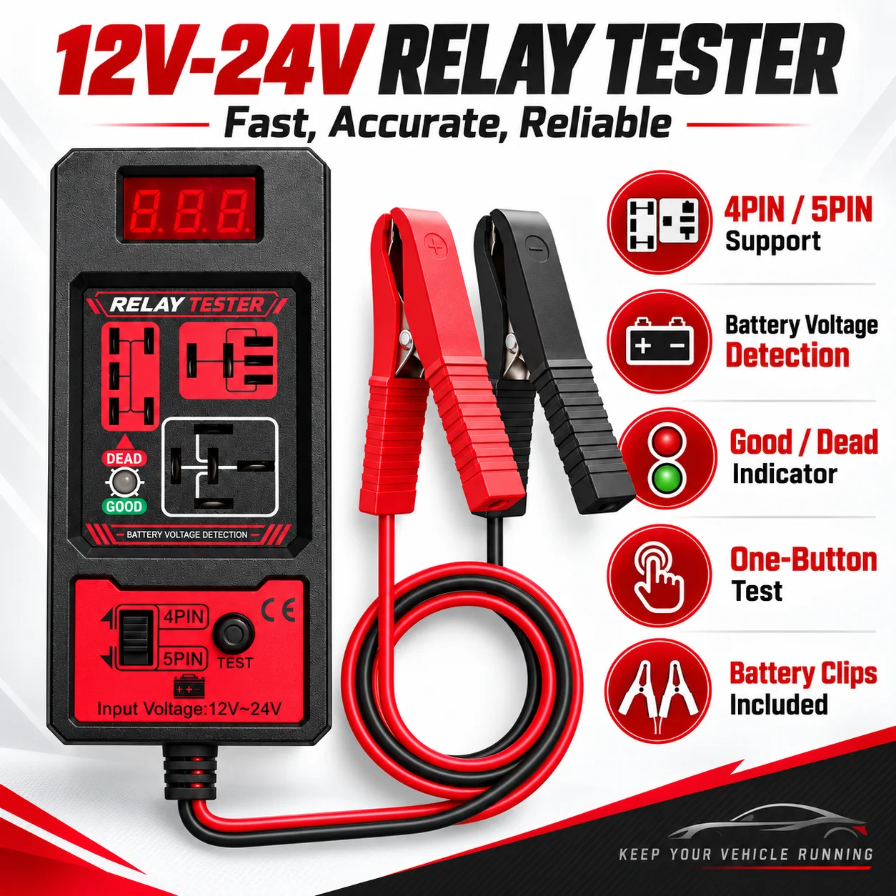 Car Relay Tester with Battery Clamps, 12V Universal 4/5 Pin Relay Test Tool, Heavy-Duty Automotive Electrical Diagnostic Eq