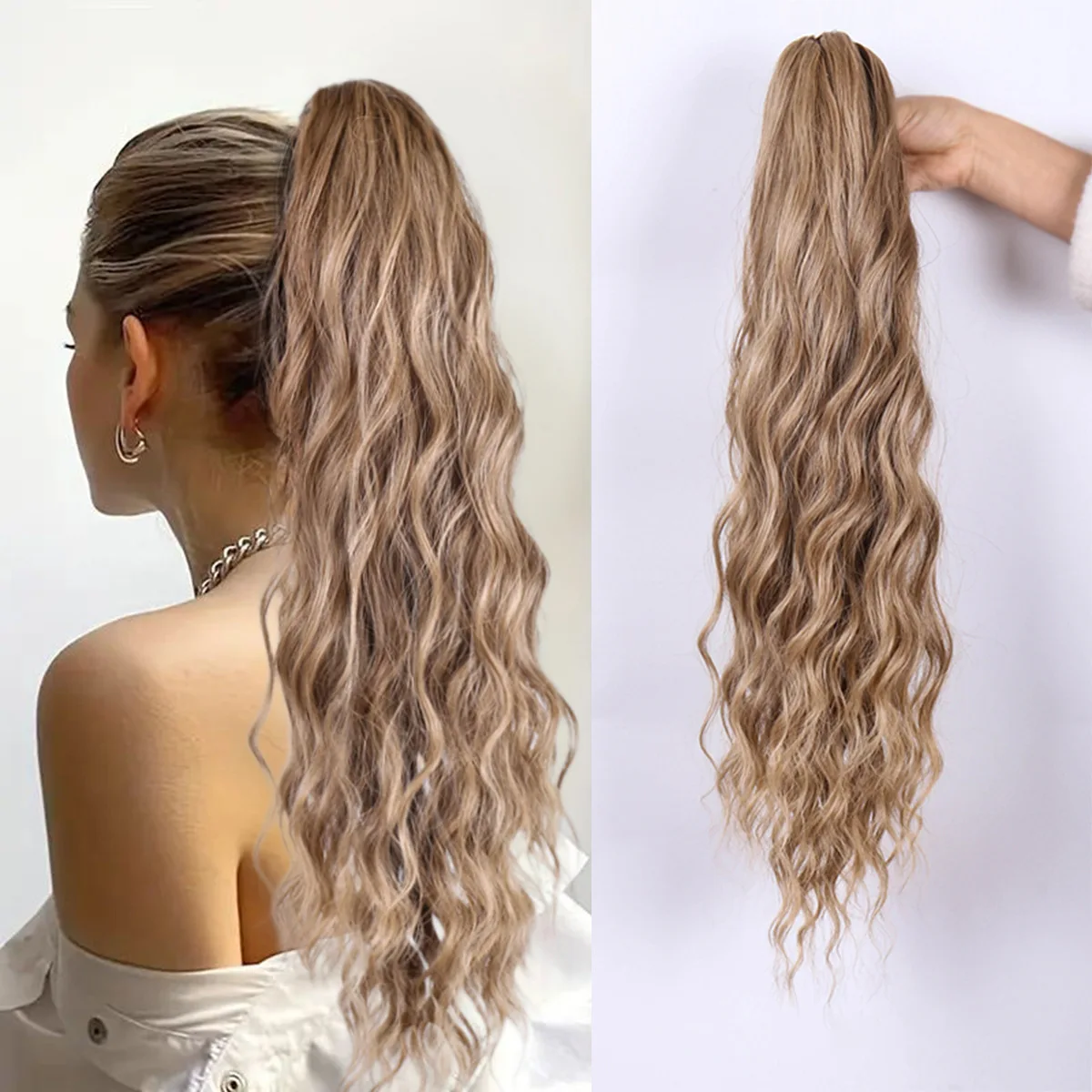 

European American women's synthetic wigs, long curly hair wigs, fishtail braid wigs water wave pattern, drawstring ponytail wigs