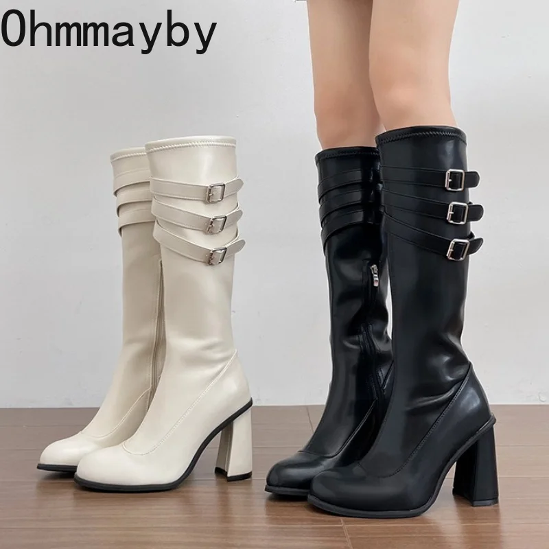 Women Knee High Boots Square Toe Chunky Square Heel Buckle Strap Side Zipper Pu Leather Ladies Autumn Winter Party Long Bootes
