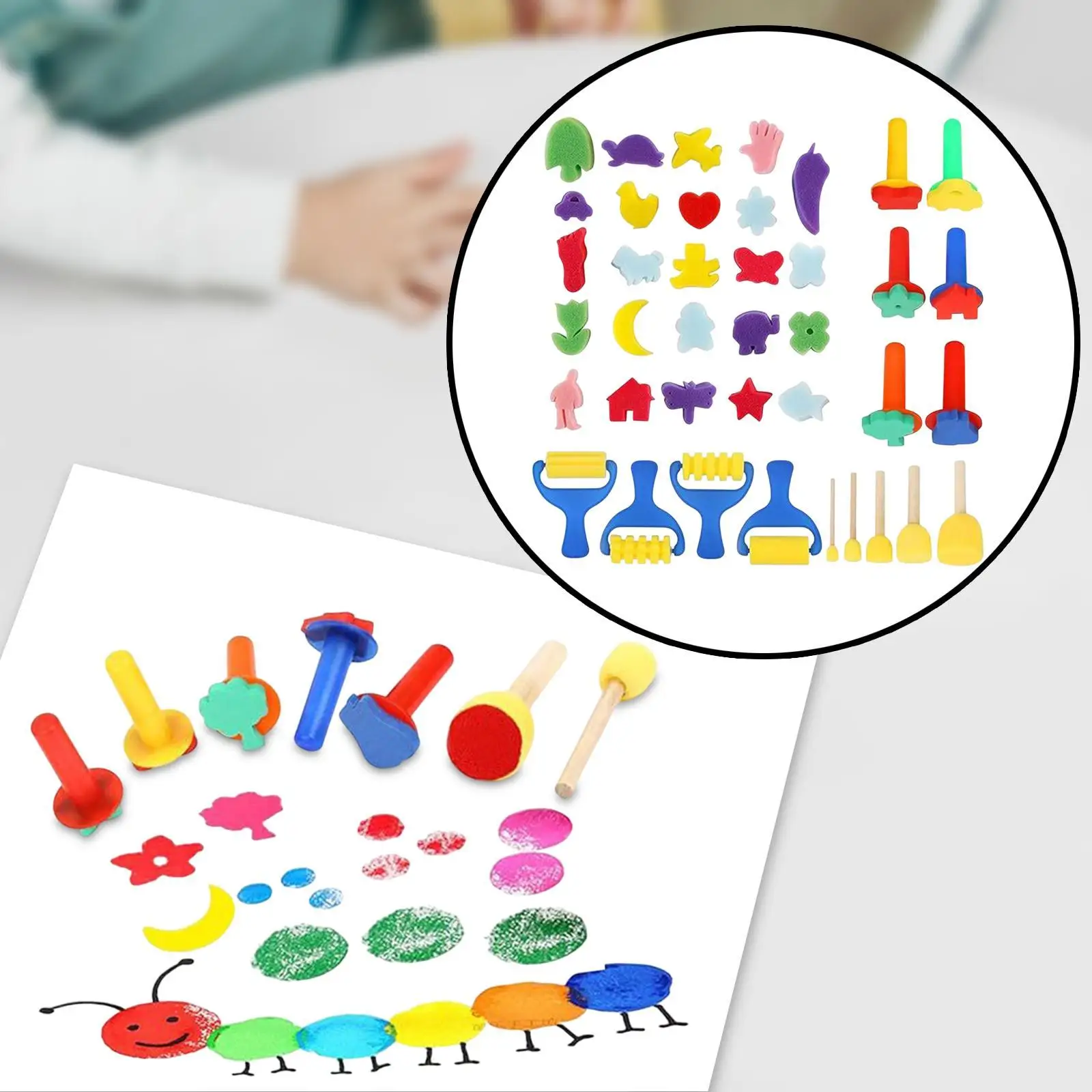 Childrens Art Painting Sponge Brushes Kit with Stamps for Kids DIY Drawing Washable Reusable Creative Learning Tools