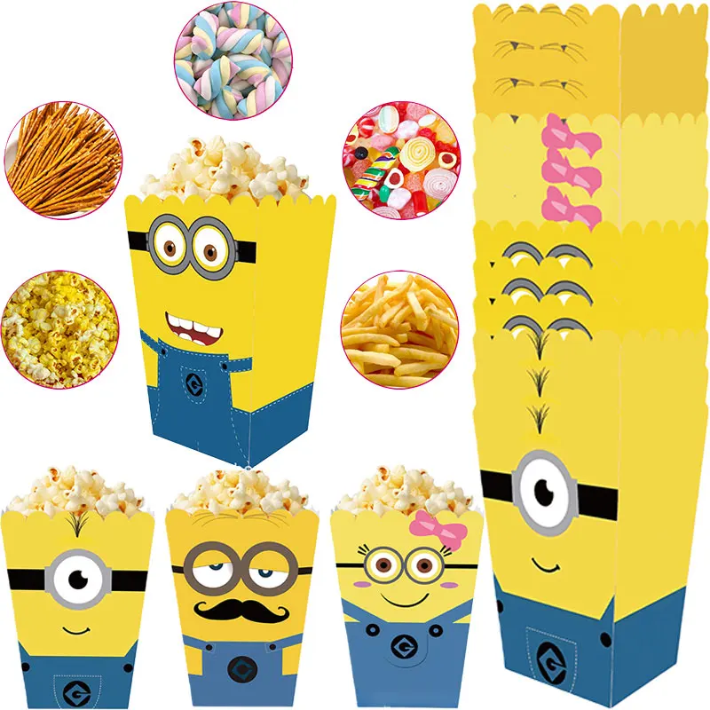 12 szt. Pudełek na popcorn z motywem Minionków, pudełka na frytki, pudełka na przekąski dla dzieci, chłopców i dziewcząt, artykuły na przyjęcie urodzinowe, upominki, prezenty