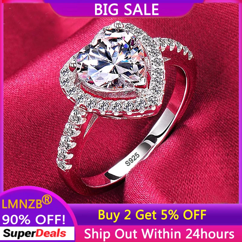 LMNZB Genuine Tibetan Silver Rings For Women Princess Propose Marriage Natural Heart Zirconia Ring Romantic Bridal Wedding Band