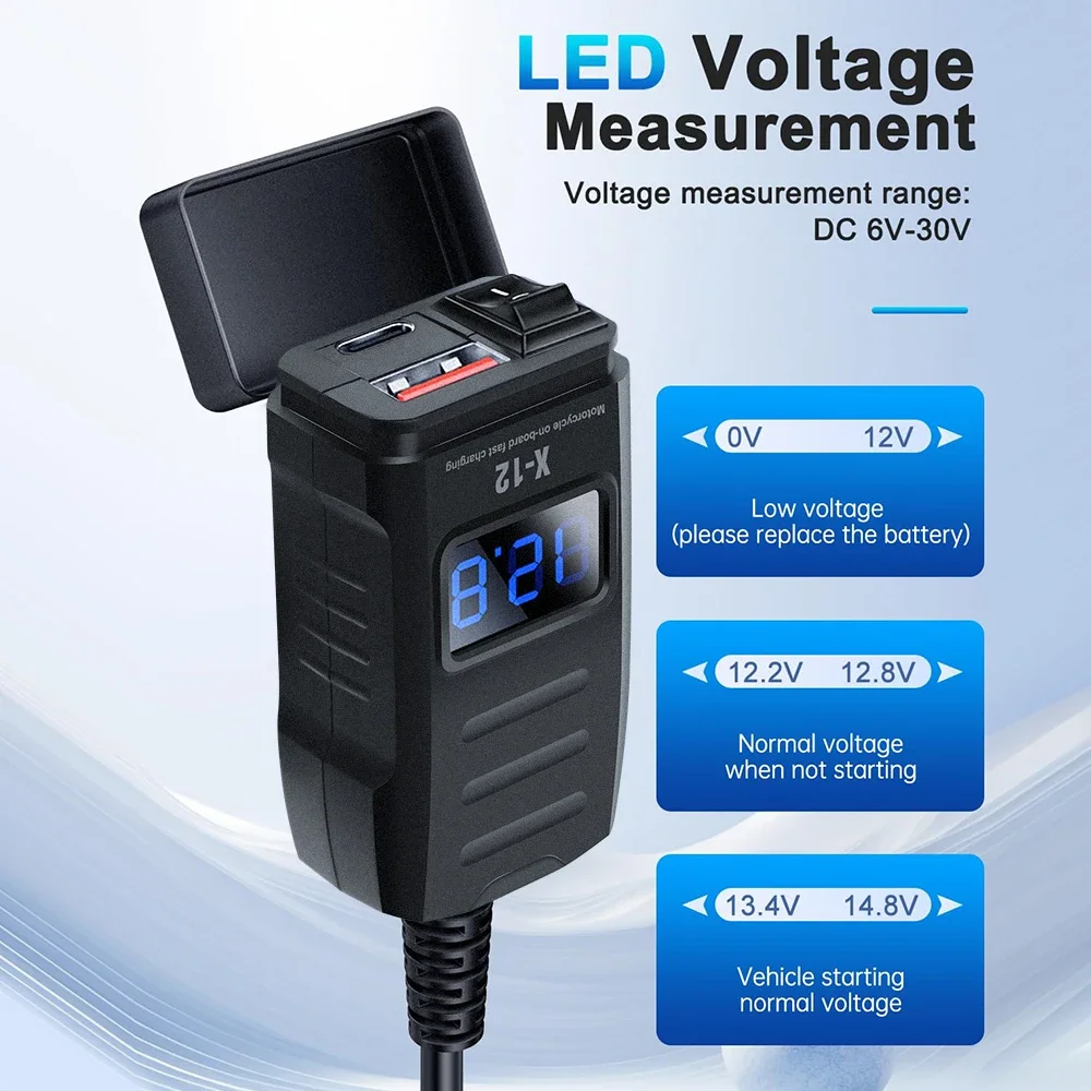 New Motorcycle Dual USB Fast Charger Waterproof Type C Port Socket Connector With Cell Mobile Voltmeter Digital Charge 3.0 image 3