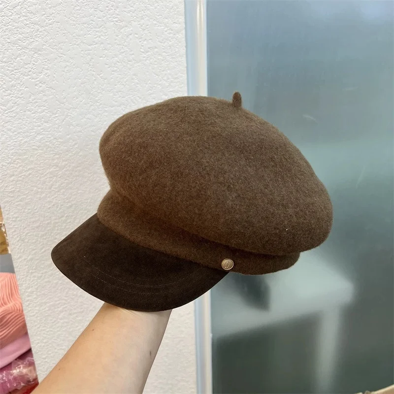 Women’s High-Quality Wool Patchwork Octagonal Hat—New Fall/Winter Style: Artistic Artist Hat with A Retro Newsboy Look