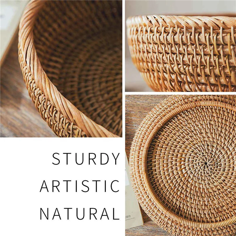 

Natural Rattan Round Fruit Basket Wicker Tabletop Bread Serving Tray Weaving Food Storage Bowls(Large, 2Pcs)-B51B