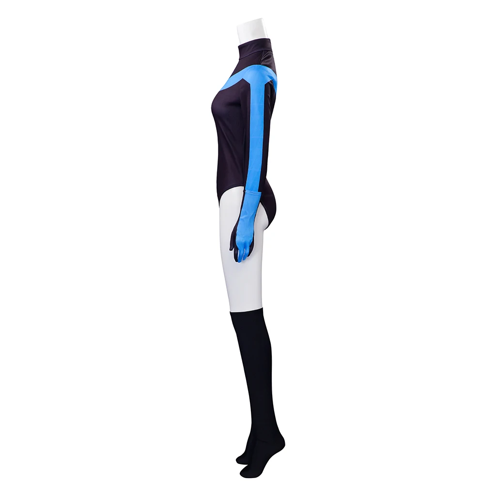 Black and Blue Costume Jumpsuit Haloween Superhero Bodysuit with Gloves Stockings Full Set for Women