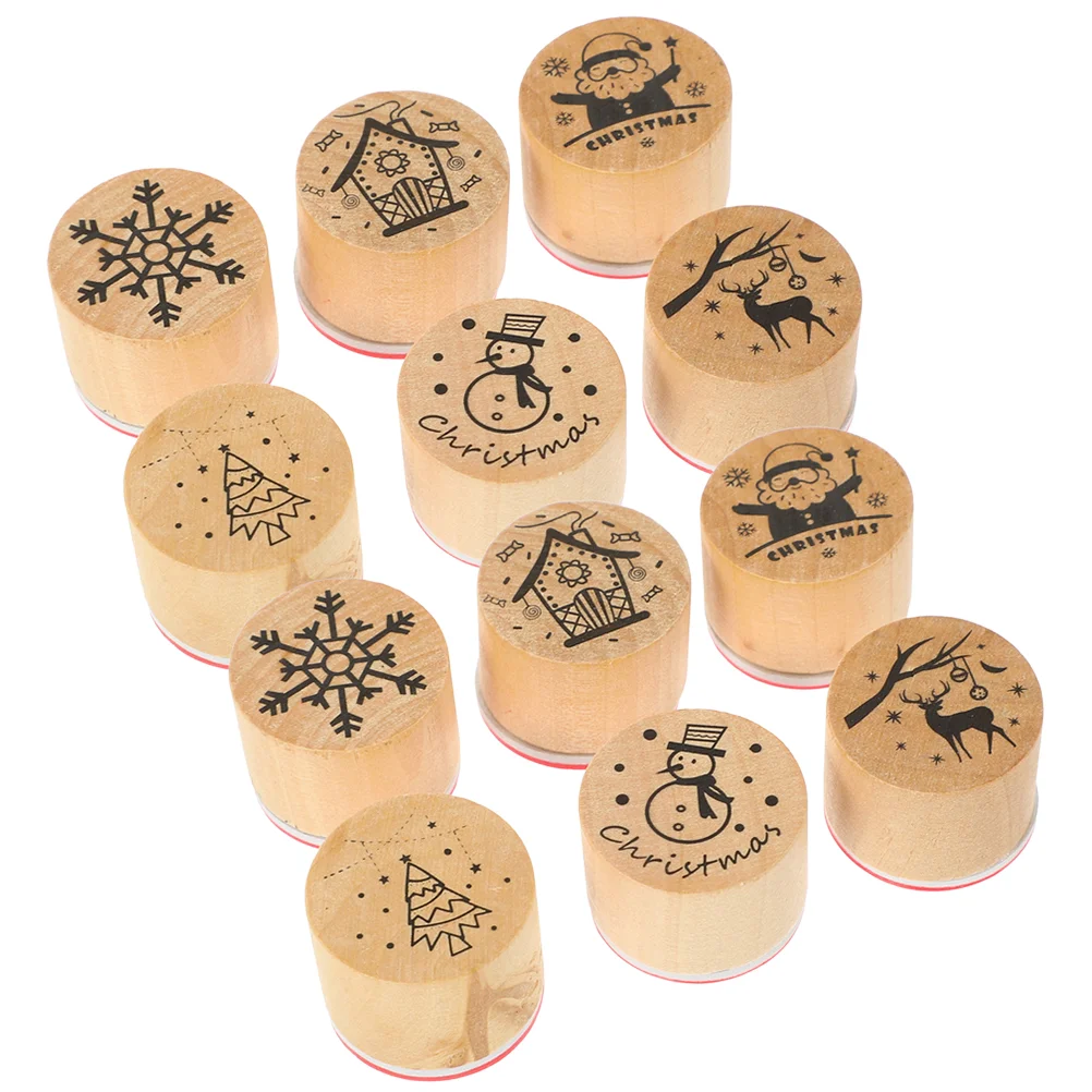 12 Pcs Ink Stamp DIY Stampers Inking Christmas Tree Birds Seal Wood Round Stamps Small Wooden Child Fall Decor for Kitchen