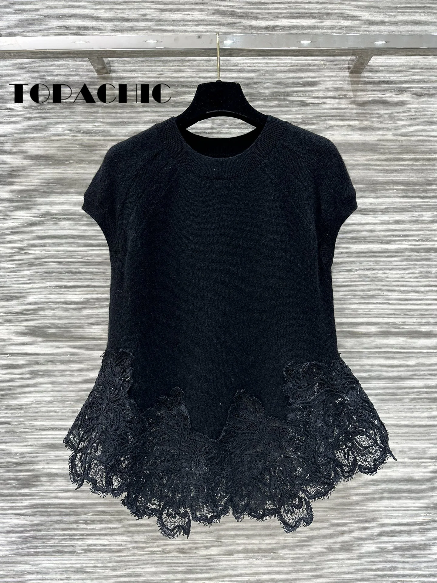 9.29 TOPACHIC-Women New Contrast Color Lace Embroidery Hem Spliced O-Neck Short Sleeve Cashmere Knitwear T-Shirt