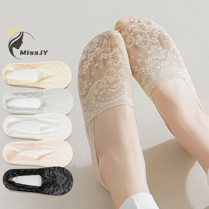 Women Socks Summer Thin Breathable Silicone Non-slip Ladies Invisible Lace Boat Sock Transparent Fashion