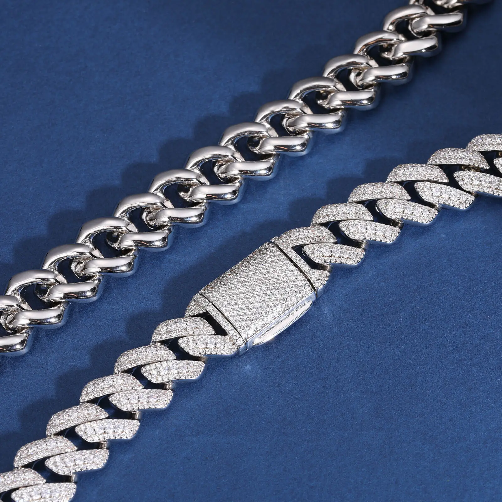 Custom  Service Cubanas 15mm 925 Sterling Silver 3 Rows VVS Moissanite Diamond Iced Out Cuban Link Chain Necklace For Men